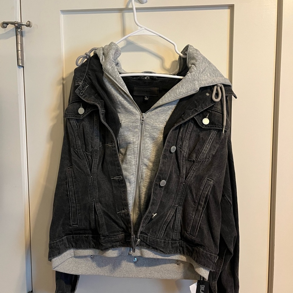 Blank NYC Black Denim Jacket with Gray Hoodie